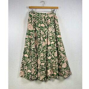 Boho Tropical Maxi Skirt Womens Large Green Pink Flamingo Tiered Vacation